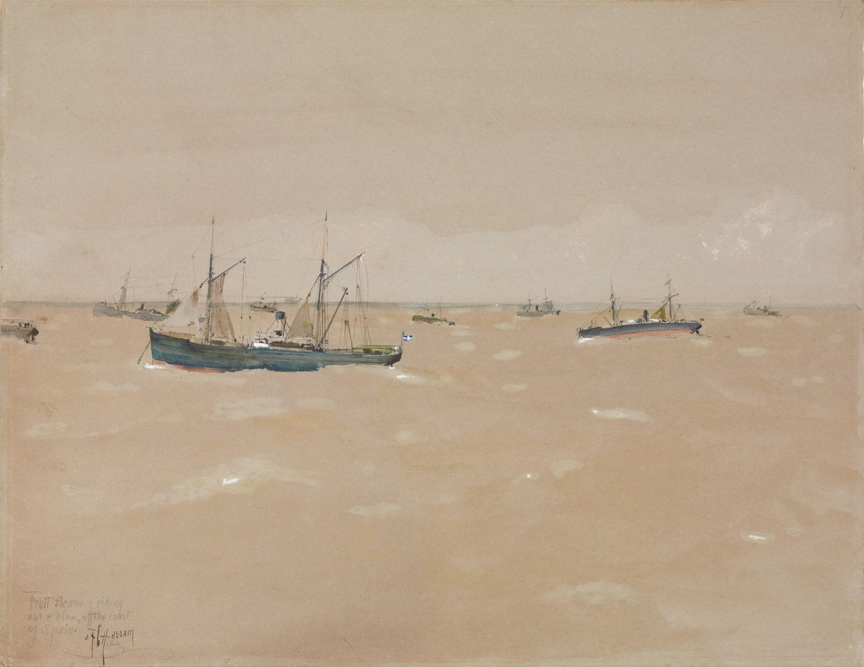 Frugtdampere, der kører et slag ud for Spaniens kyst af Childe Frederick Hassam