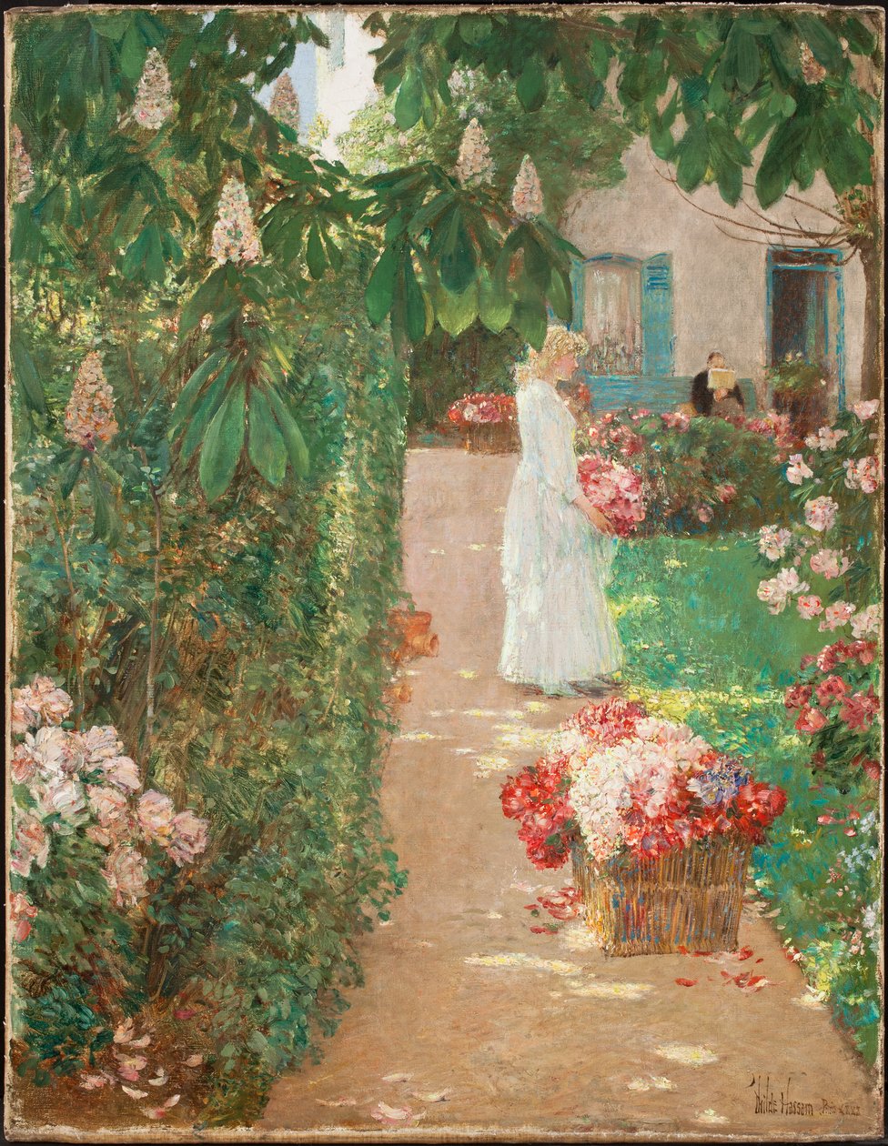 Indsamling af blomster i en fransk have (olie på lærred) af Childe Frederick Hassam