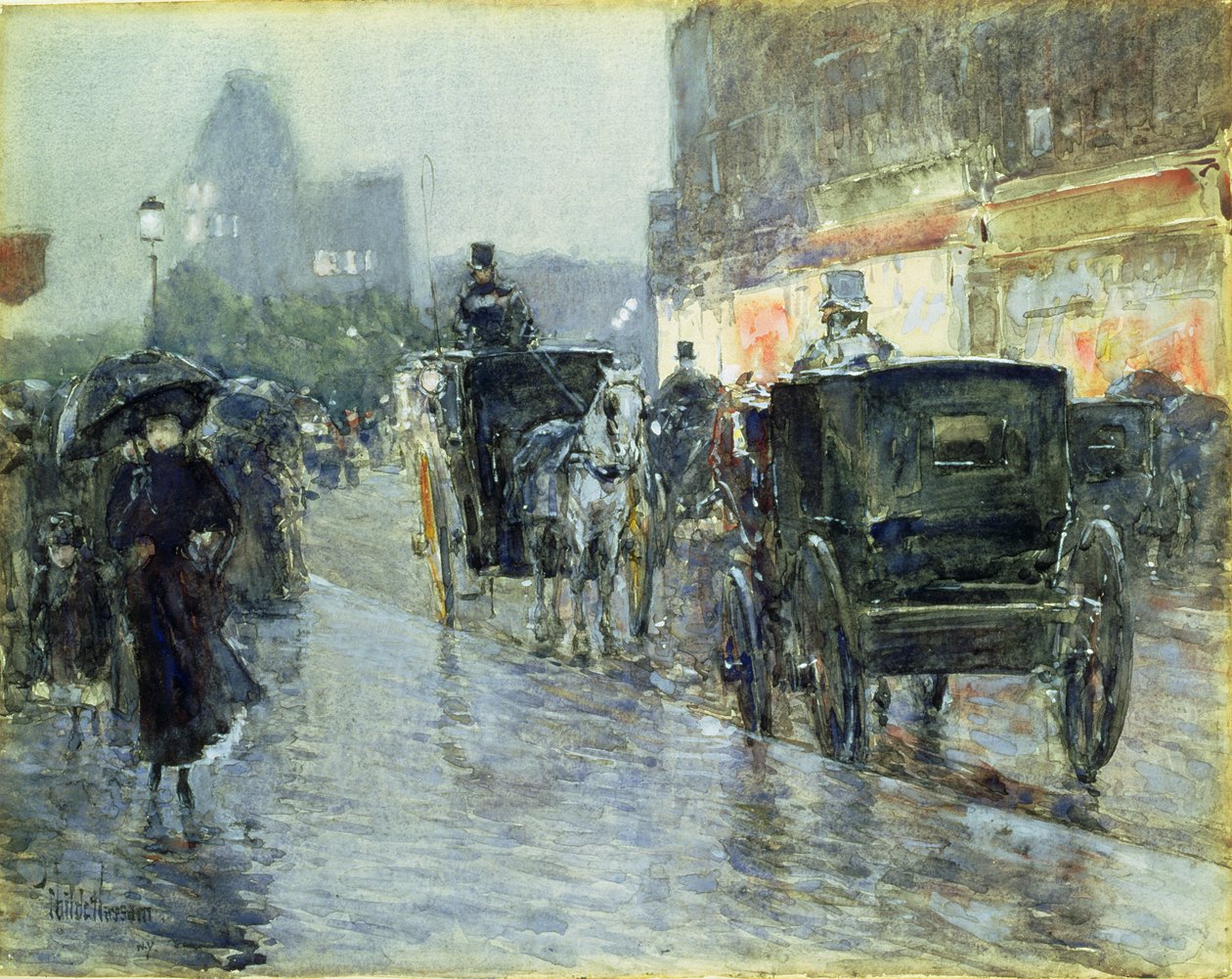 Horse Drawn Cabs at Evening, New York, ca. 1890 (akvarel og gouache på papir) af Childe Frederick Hassam