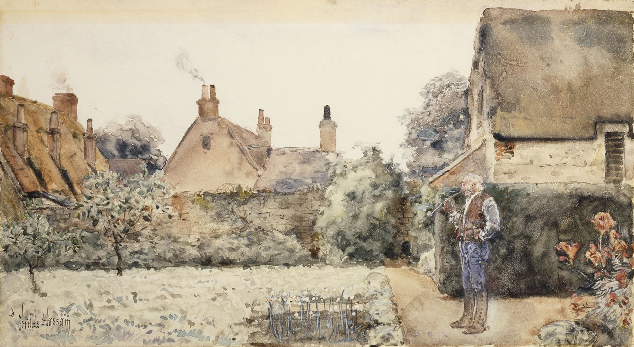 I haven, ca. 1889 (akvarel, kinesisk hvid og blyant på papir lagt om bord) af Childe Frederick Hassam