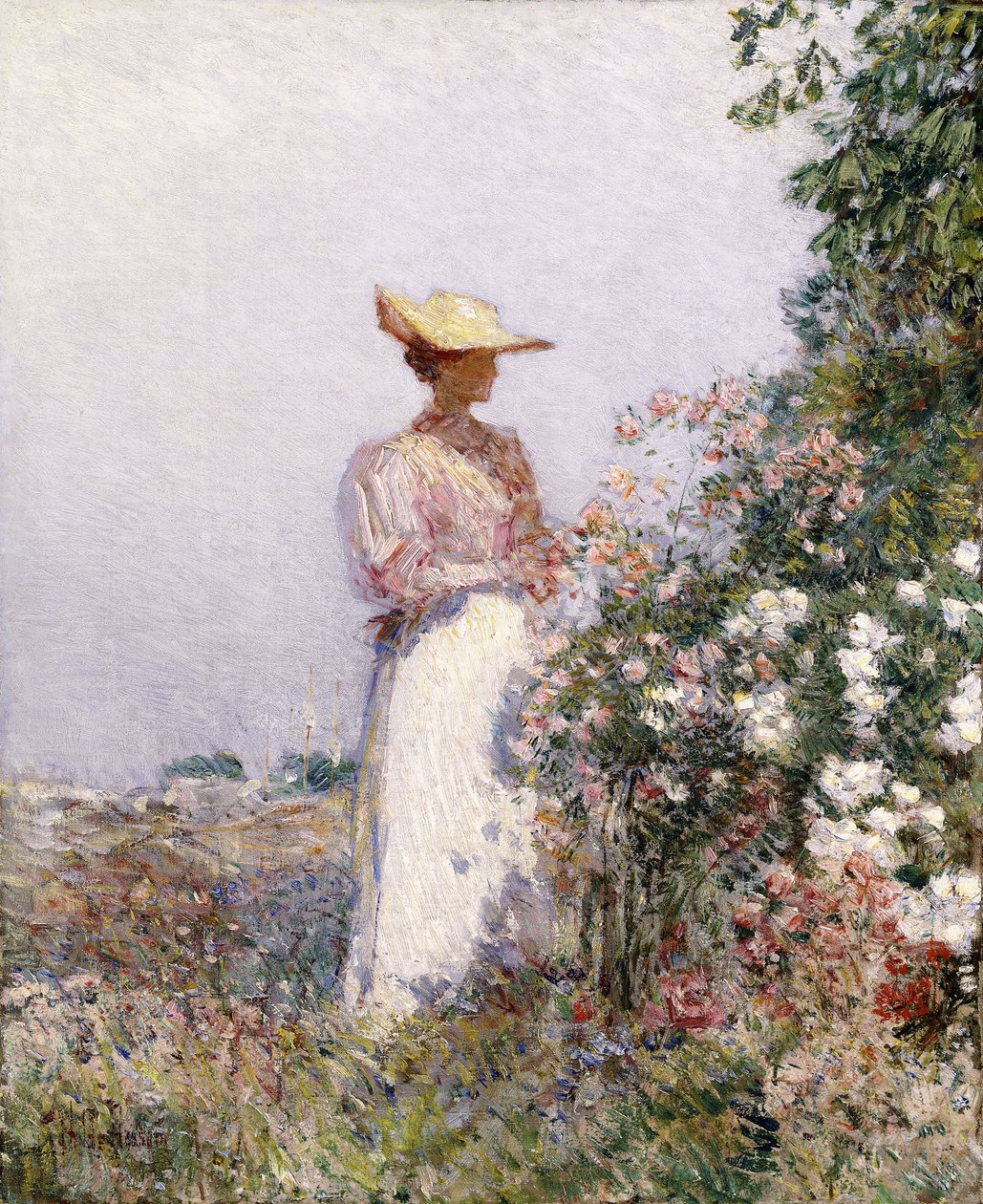 Dame i blomsterhaven af Childe Frederick Hassam