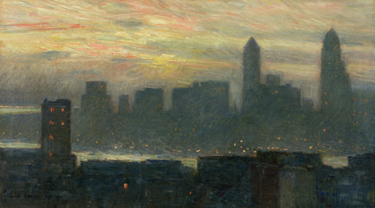 Manhattans tågede solnedgang af Childe Frederick Hassam