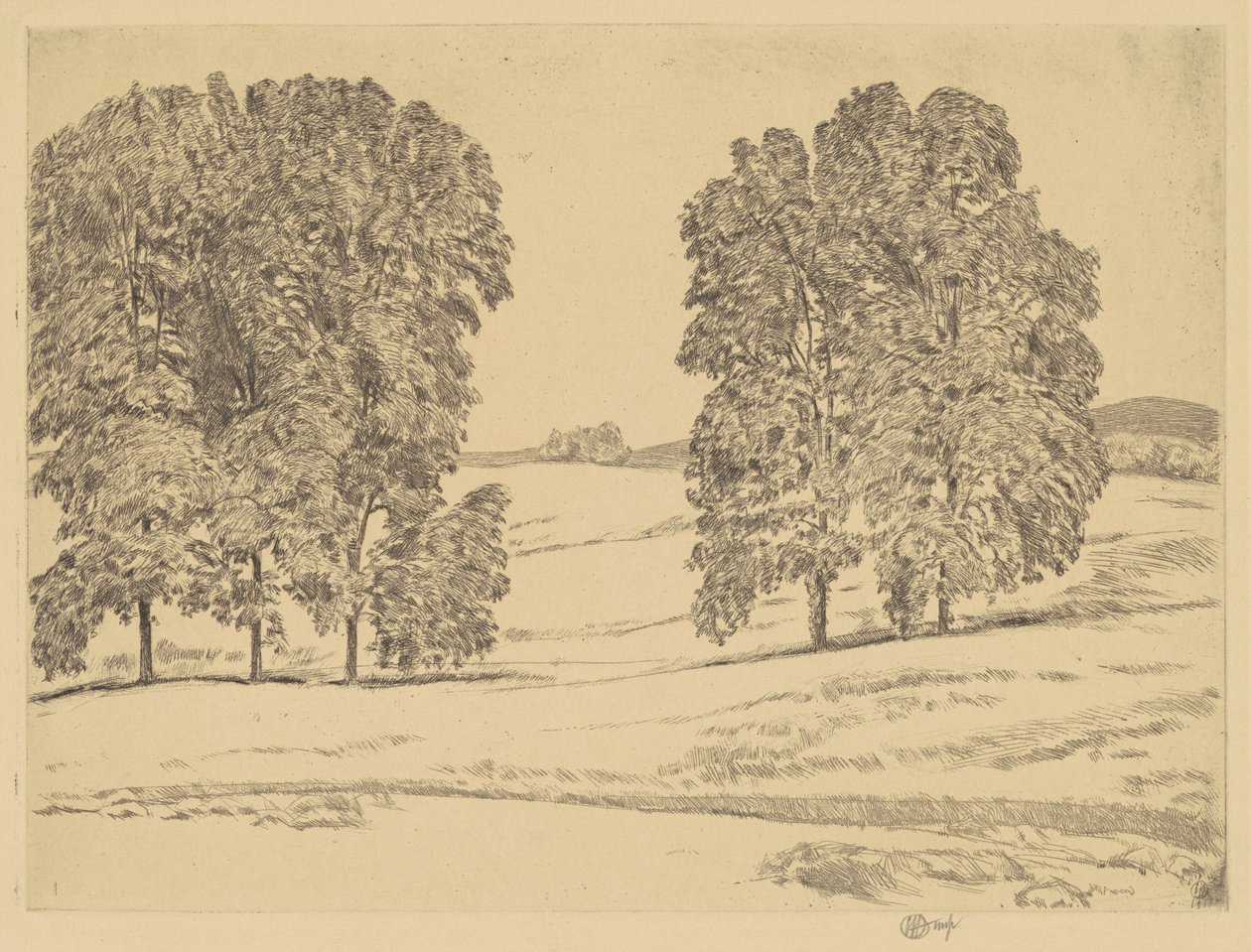 Hickories i en hømark af Childe Hassam