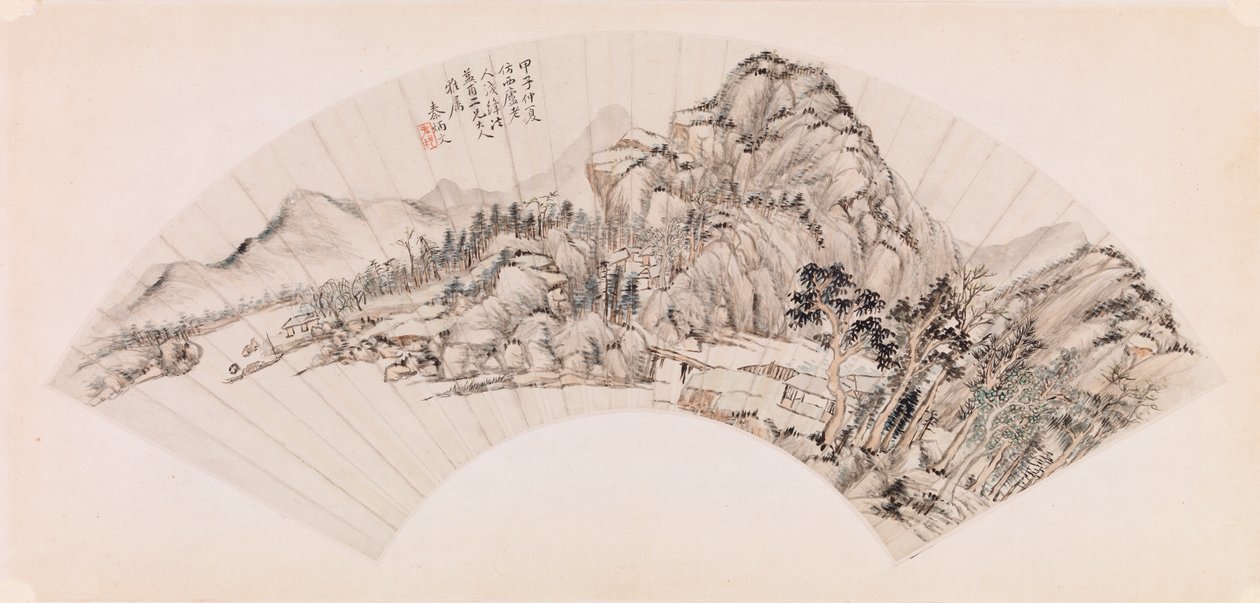Vifte, der viser et landskab (blæk på papir) af Chin Ping wen Chin Ping wen