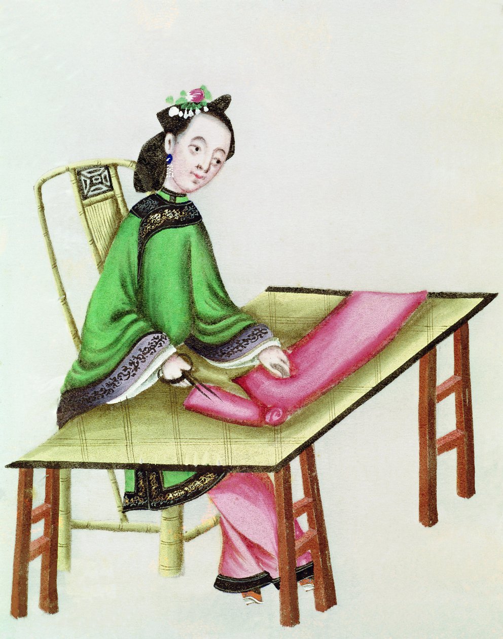 En kinesisk kvinde skærer tøj, Qianlong-perioden (1736-96) af Chinese School