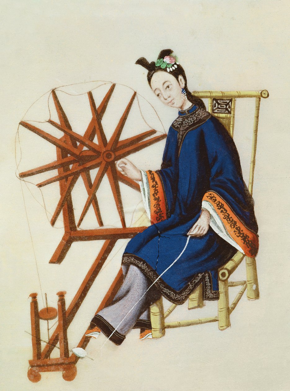 En kinesisk kvinde, der spinder, Qianlong-perioden (1736-96) af Chinese School