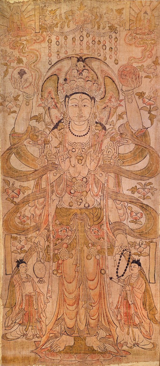 Avalokiteshvara med ni hoveder og seks arme, fra Dunhuang, Gansu-provinsen, Tang-dynastiet (618-907) (pen og blæk på lærred) af Chinese School