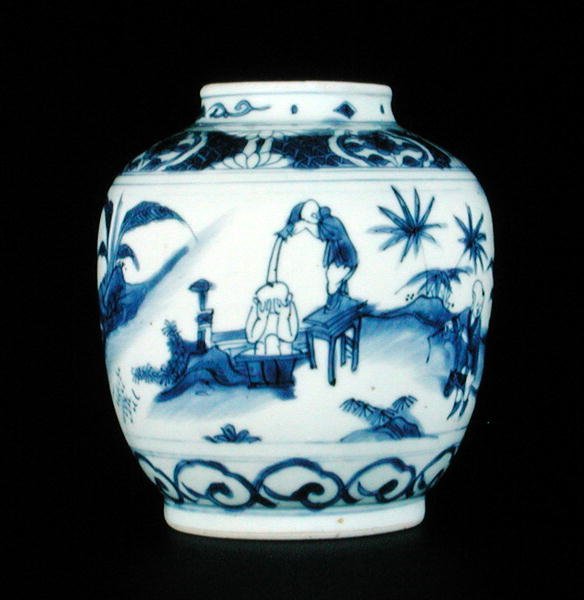 Blå og hvid krukke malet med en dreng, der tager et bad, Wanli eller Chongzheng, 1600-30 (porcelæn) (se 206093-206095) af Chinese School