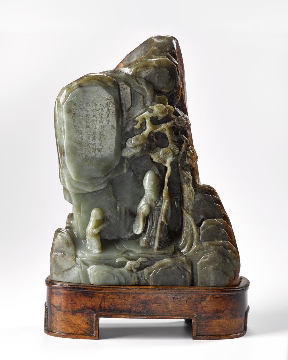 Børsteholder i form af et bjerglandskab, indeholdende figuren af Lao-Zi, grundlæggeren af taoismen, Qing-dynastiet (udskåret jade) af Chinese School