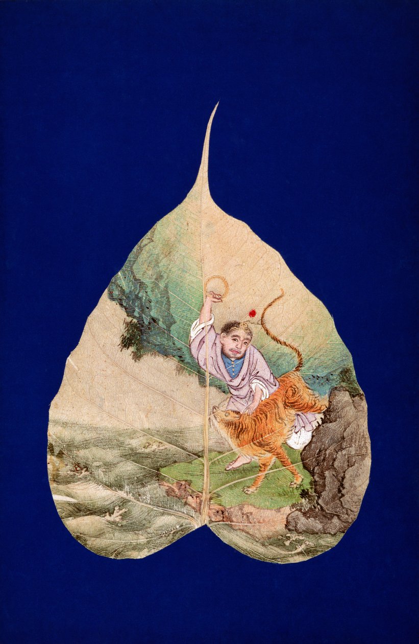 CBL C 1410 Bhadra med en tiger (pen & blæk og farver på et monteret helligt Bodhi-blad) af Chinese School