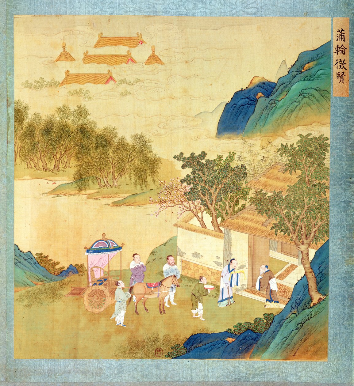 Kejser Wu Ti (156-87 f.Kr., r. 141-87 f.Kr.) byder velkommen til en mand med bogstaver fra en historie med kinesiske kejsere (farve på silke) af Chinese School
