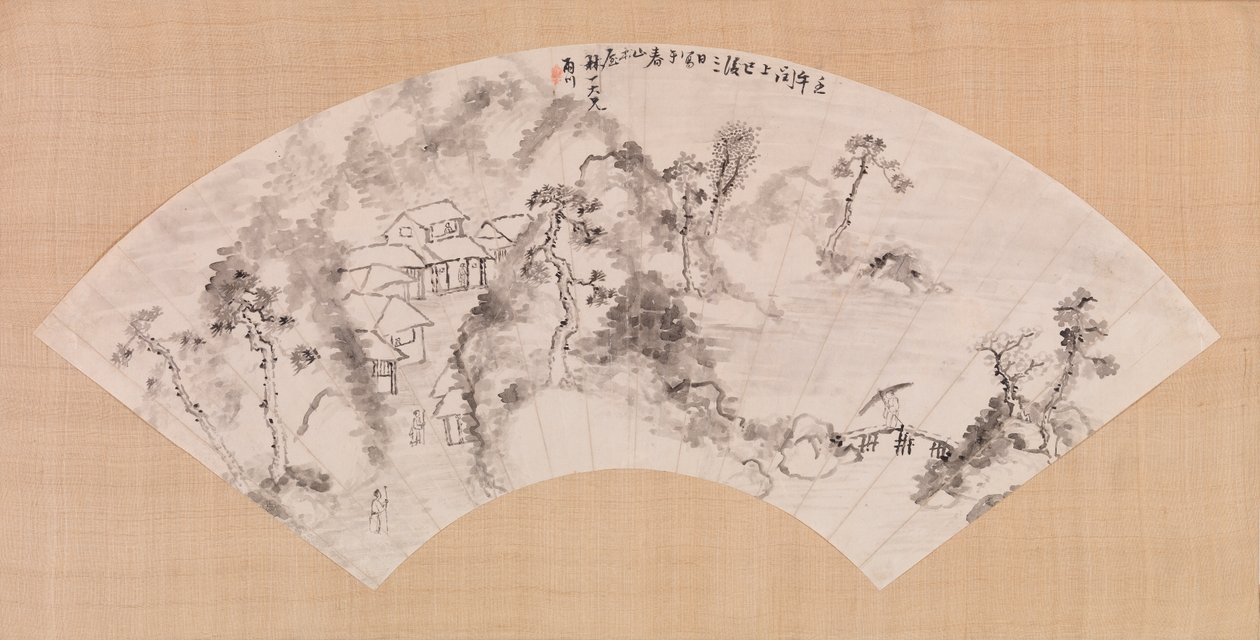 Vifte, der forestiller et landskab, ca. 1600 (blæk på papir) af Chinese School