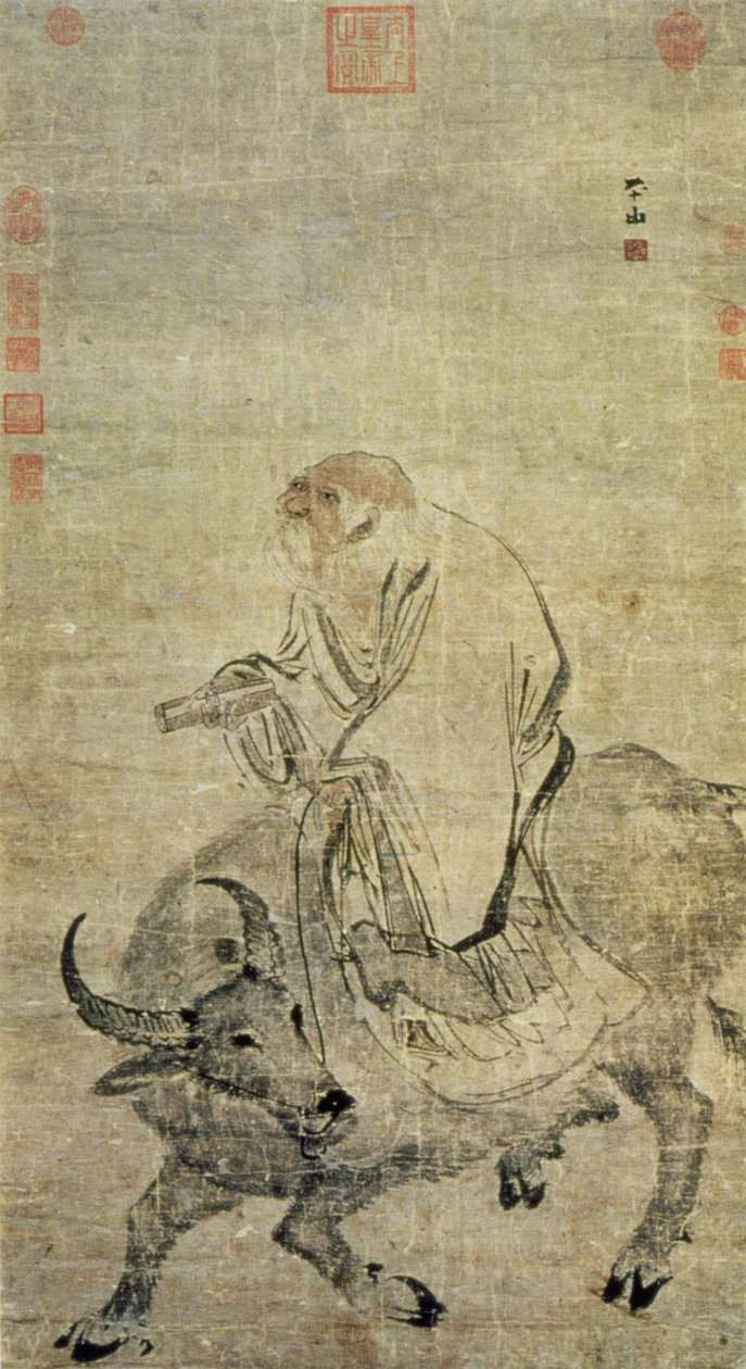 Lao-tzu (ca. 604-531 f.Kr.) rider på sin okse, kinesisk, Ming-dynastiet (1368-1644) (blæk og wc på silke) af Chinese School