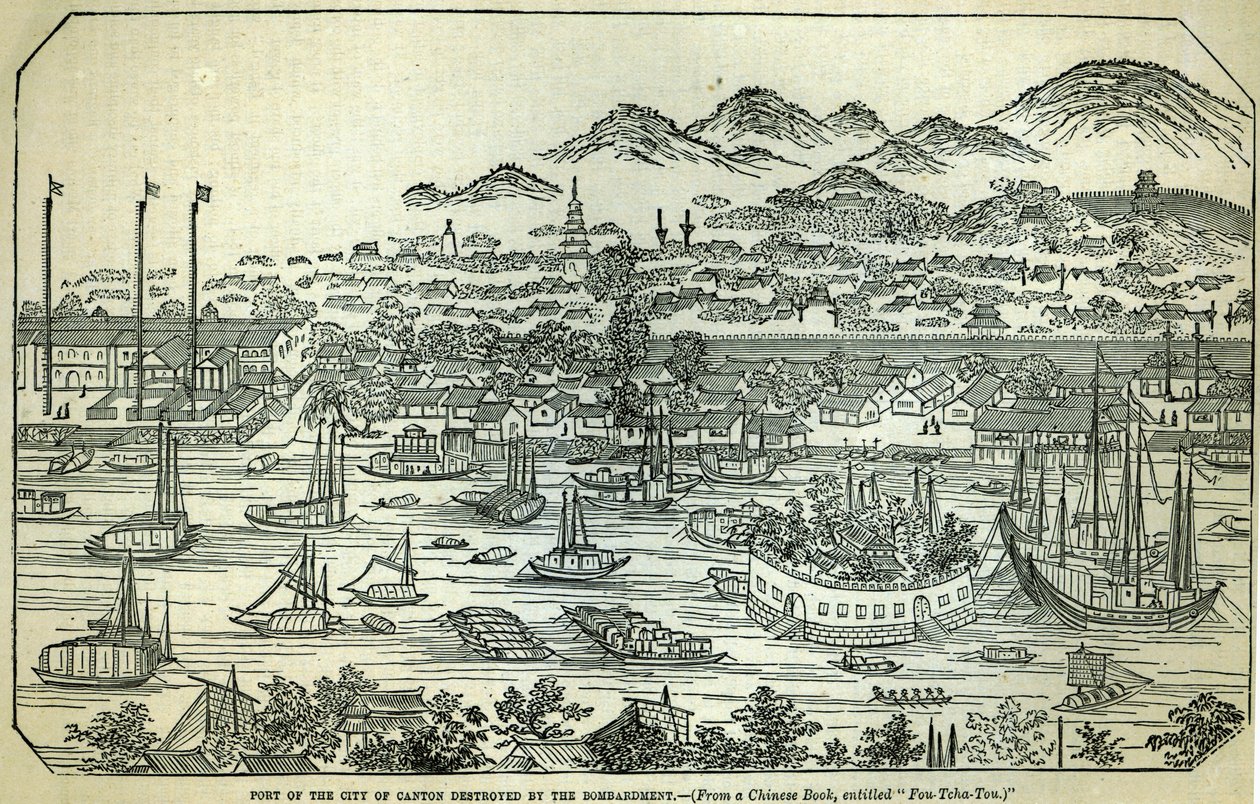 Port of the City of Canton, ødelagt af bombardementet, kinesisk illustration trykt i 