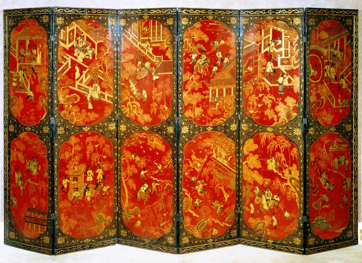 Seksfoldet skærm med europæiske figurer i paneler af rødt med sorte kanter, ca. 1720 (lakeret træ) af Chinese School