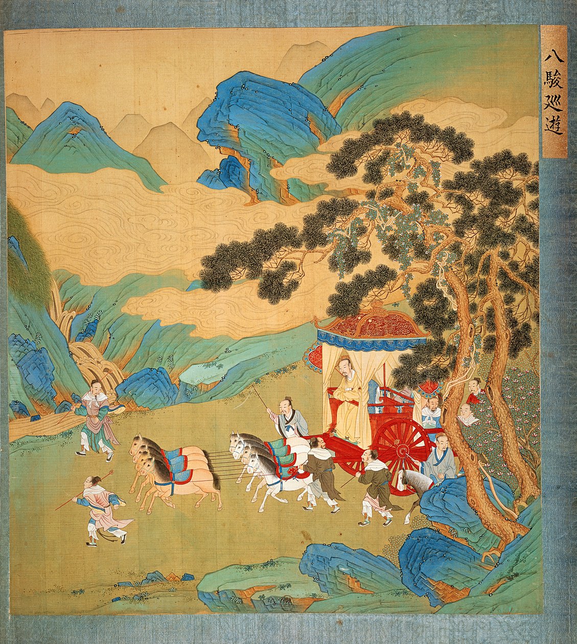 Kejser Mu Wang (c.985-c.907 f.Kr.) fra Chou-dynastiet i sin vogn, fra en historie med kinesiske kejsere (farve på silke) af Chinese School