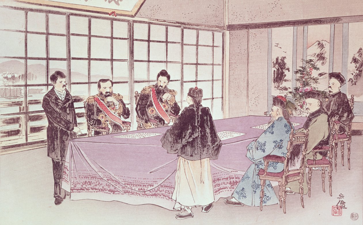 De japanske ministre I-Tso og Mou-Tsou diskuterer med den kinesiske udsending Ri-Ko-Sho betingelserne for Shimonoseki-våbenhvilen den 16. april 1895 af Chinese School