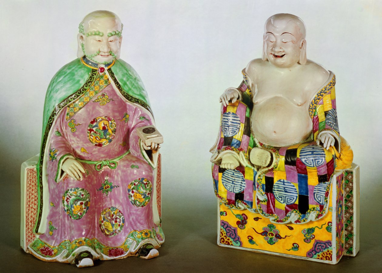 To figurer af Buddha, Chien Lung periode (1736-95) (porcelæn) af Chinese School