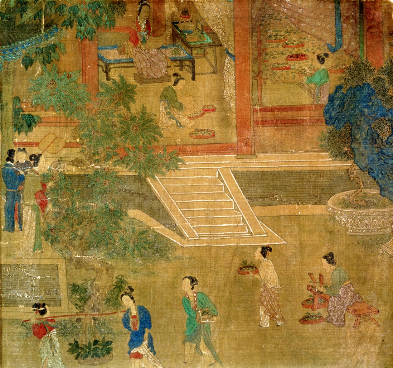 Kvinder høster blade, 1500 (malet silke) af Chinese School