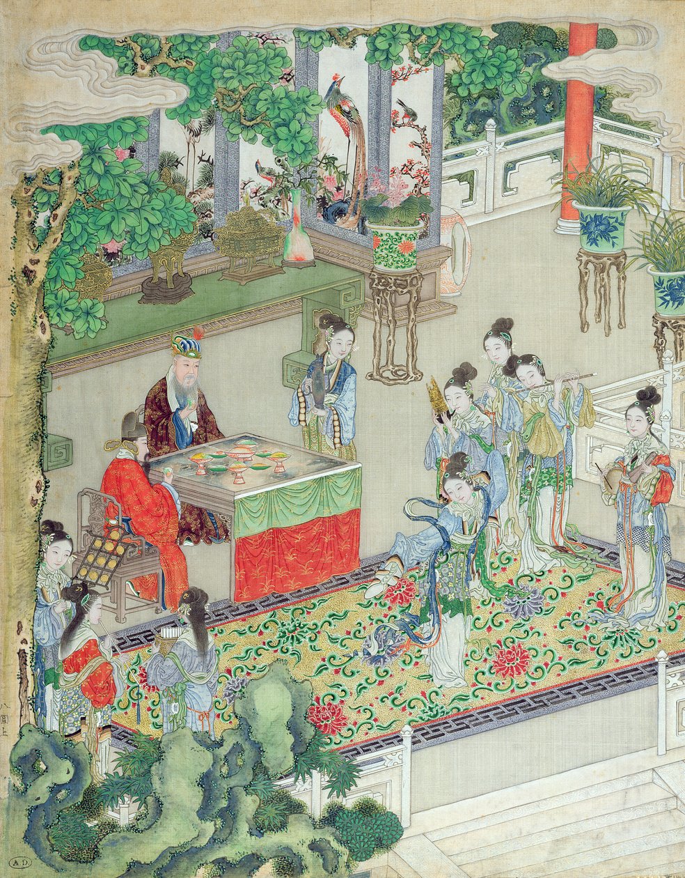 En kinesisk mandarin bliver underholdt (farve på silke) af Chinese School