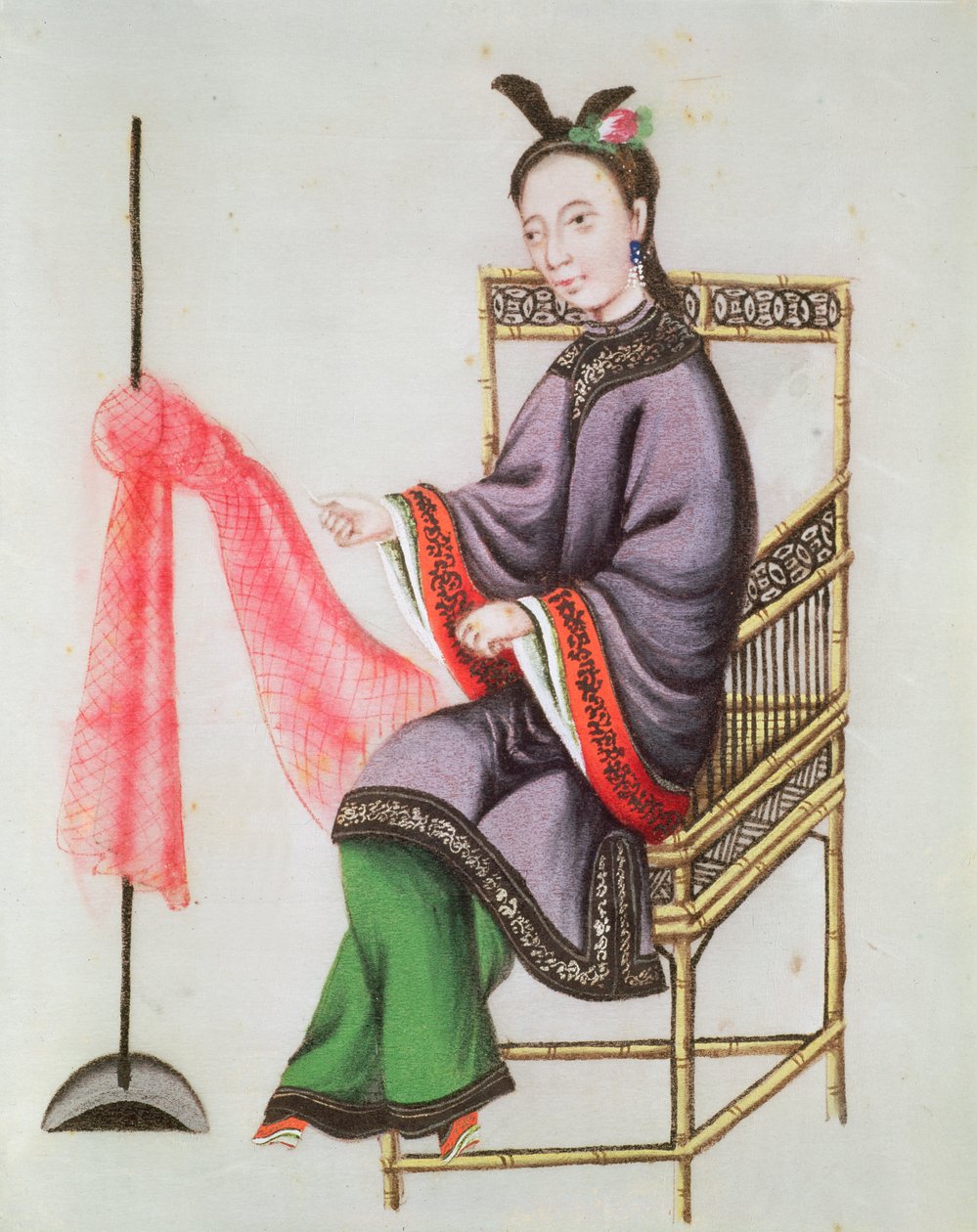 En kinesisk kvinde laver et fiskenet, Qianlong-perioden (1736-96) (gouache på papir) af Chinese School