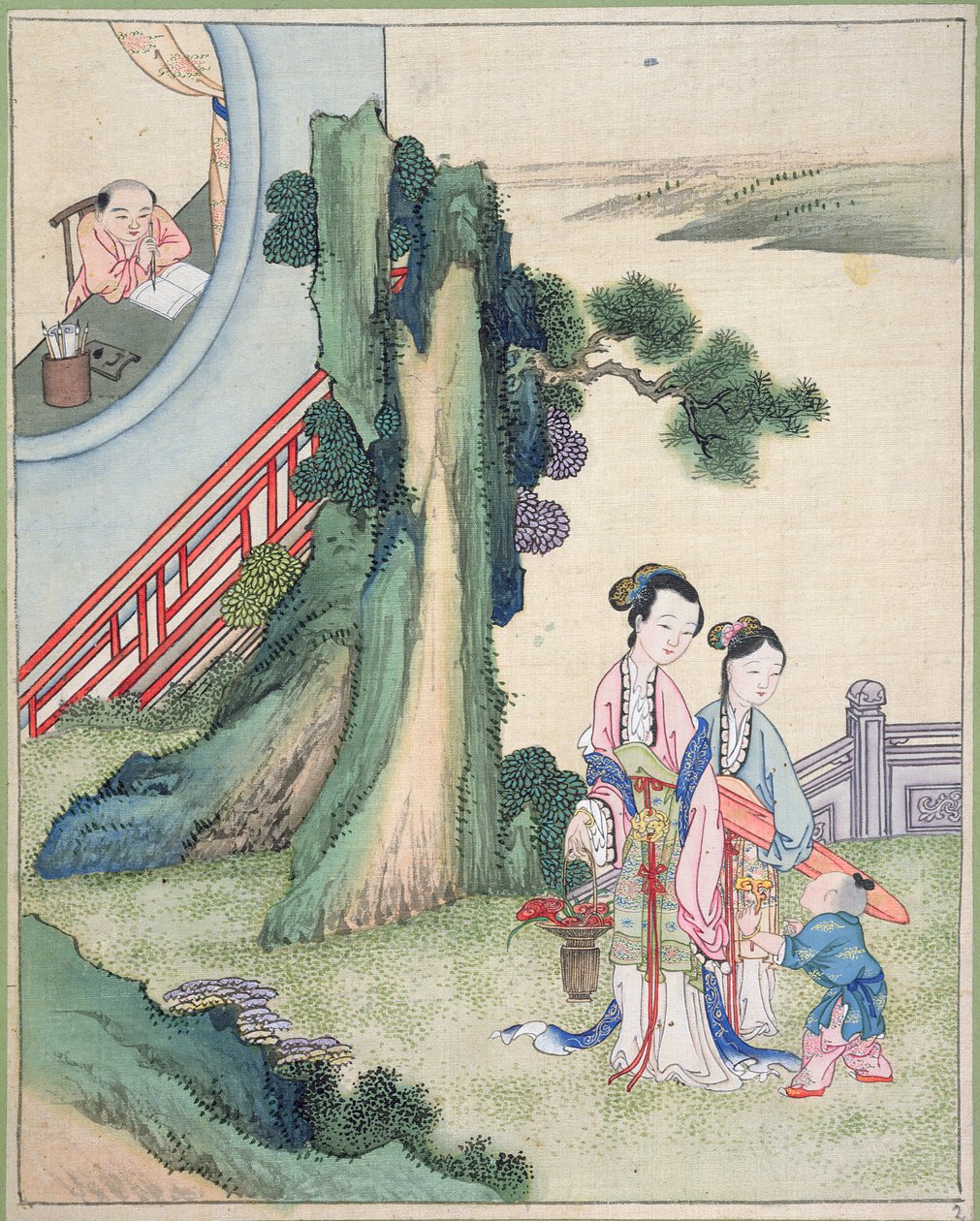 En mand skriver og hans familie ved siden af en flod (gouache på silke) af Chinese School