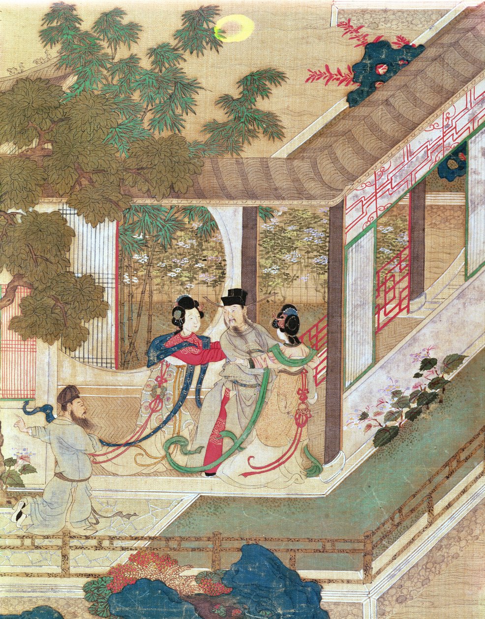 Et romantisk møde, illustration fra en traditionel kinesisk roman (wc på papir) af Chinese School