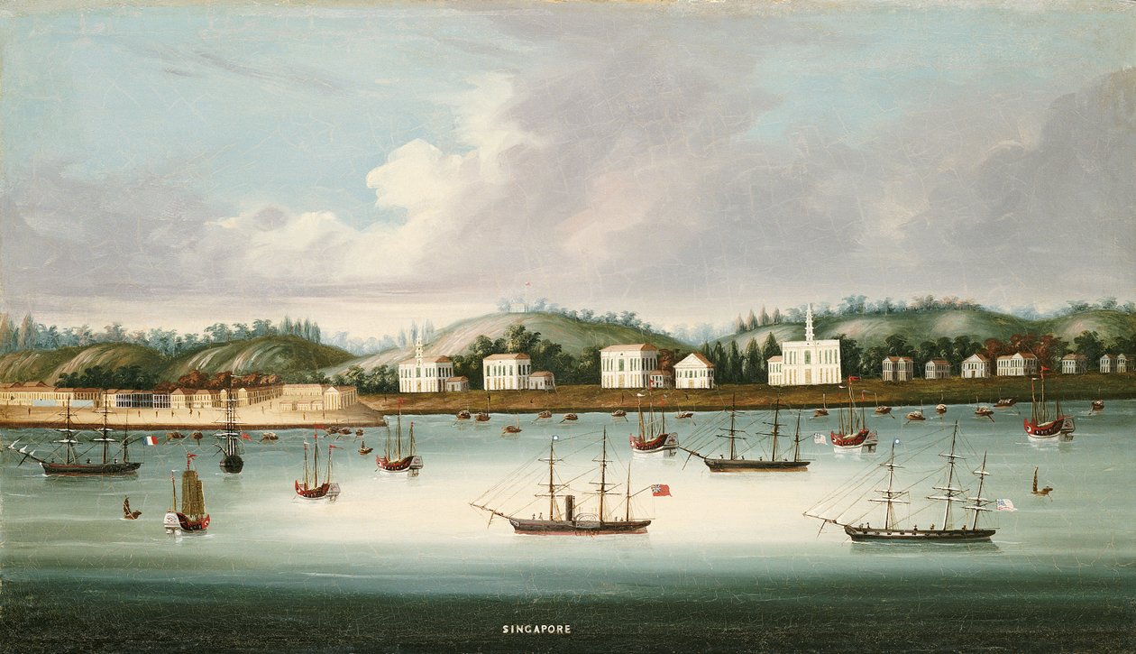 En udsigt over Singapore fra vejene med amerikansk, fransk og britisk skibsfart, ca. 1850 af Chinese School