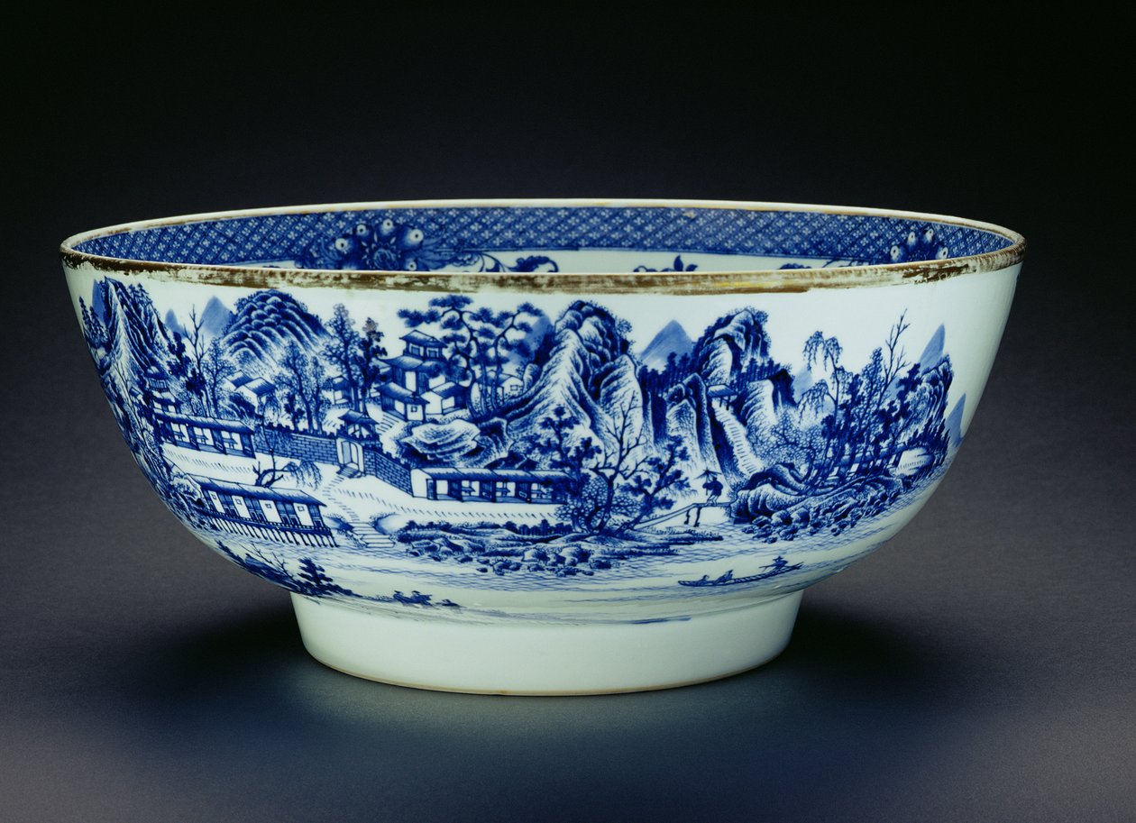 Blå og hvid skål dekoreret med en scene, der viser fremstillingen af porcelæn (porcelæn) (se 208012) af Chinese School