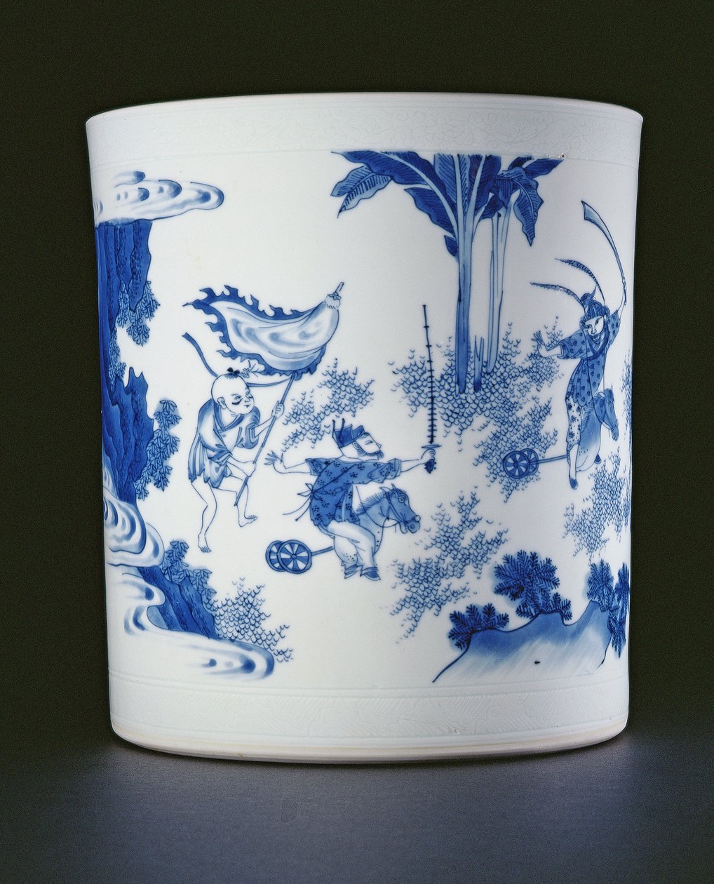 Blå og hvid penselpotte malet med en dame og drenge, der leger på hobbyheste, Chongzheng, 1630-44 (porcelæn) (se 205936) af Chinese School