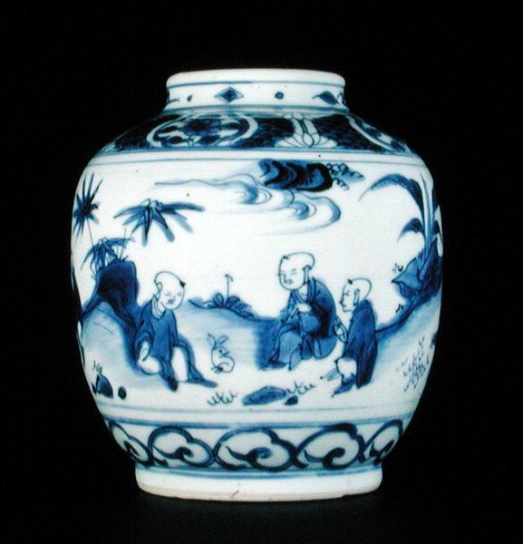 Blå og hvid krukke malet med en drenge med en hare, Wanli eller Chongzheng, 1600-30 (porcelæn) (se 206093, 206094, 206096) af Chinese School