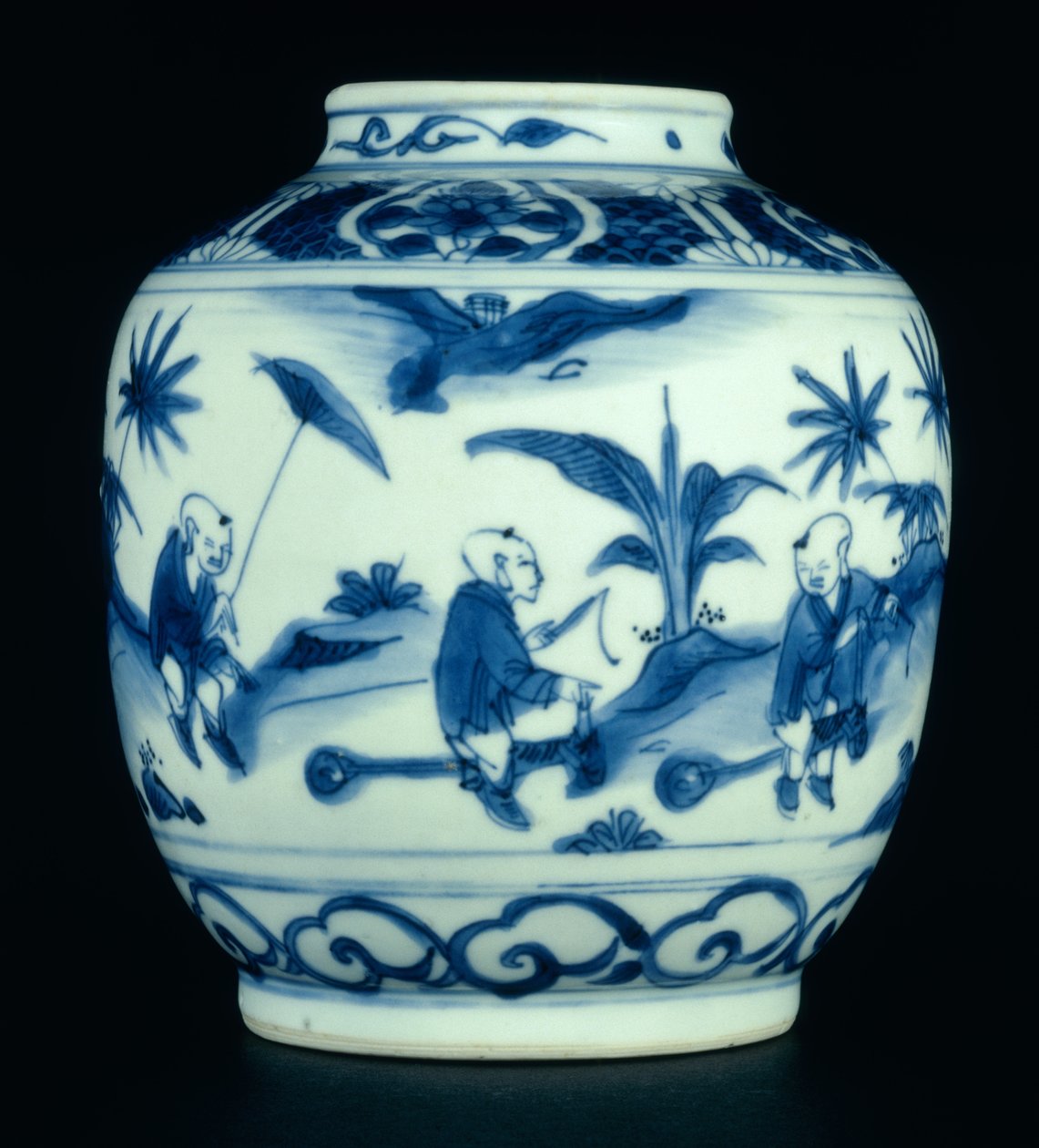 Blå og hvid krukke malet med drenge i leg på hobbyheste, Wanli eller Chongzheng, 1600-30 (porcelæn) (se 206093, 206095, 206096) af Chinese School