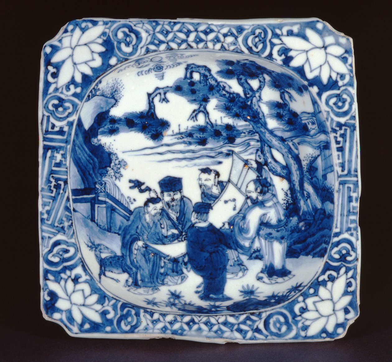 Blå og hvid kosometsuke firkantet fad malet med Shoulao og andre udødelige, Tianqi, 1621-27 (porcelæn) af Chinese School