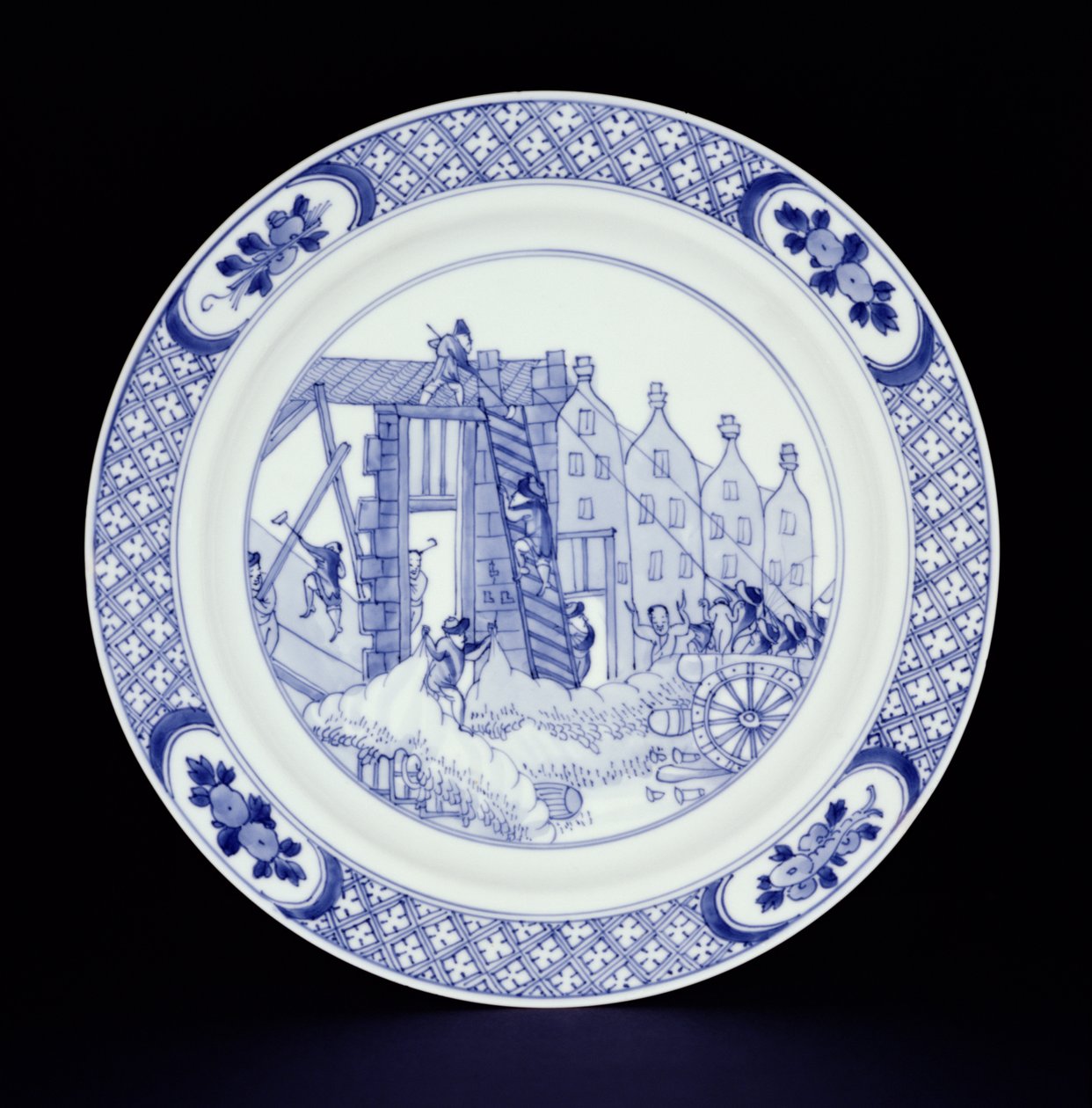 Blå og hvid plade, der forestiller Rotterdam Riots (porcelæn) af Chinese School