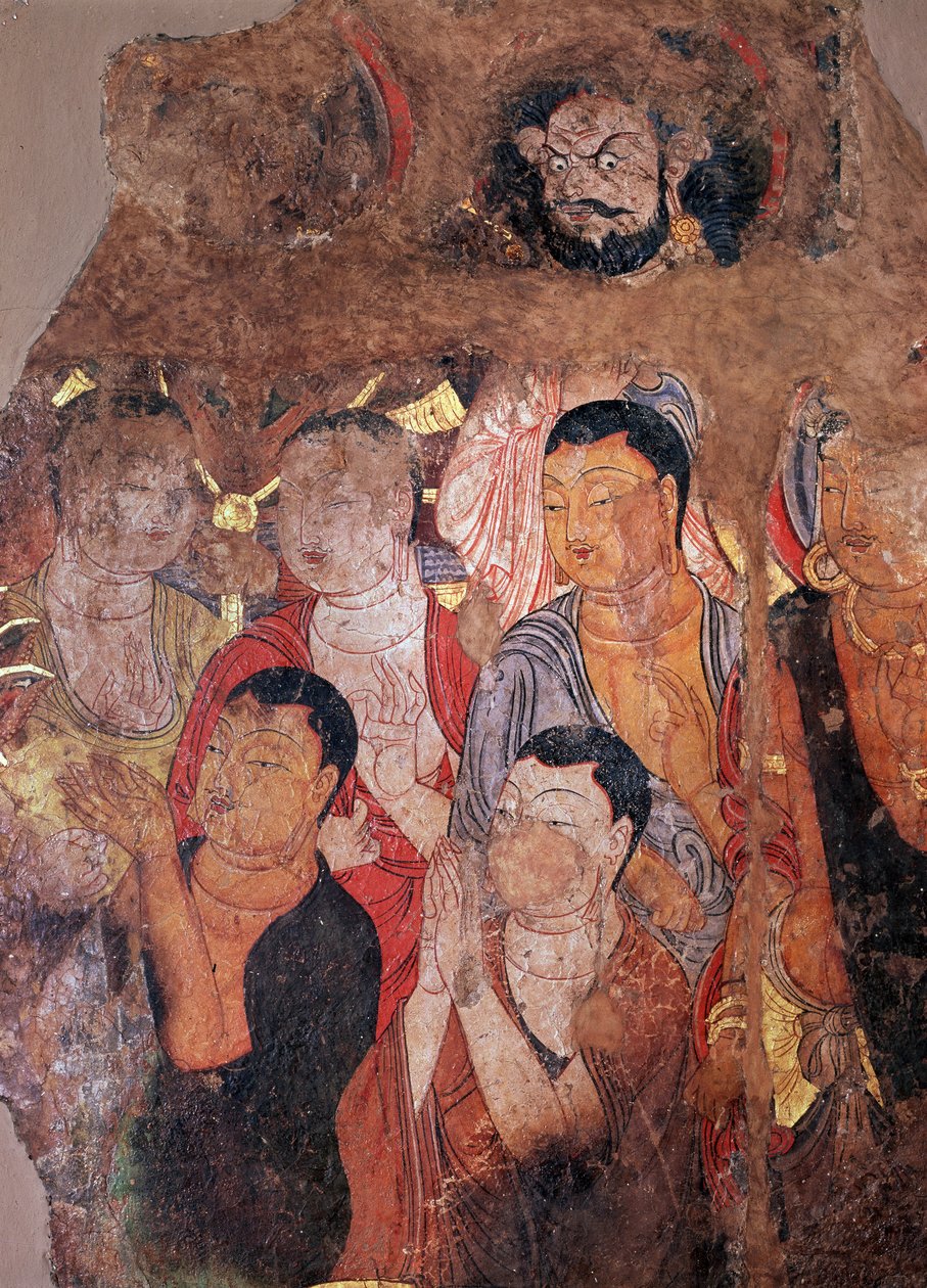 Buddhisme: ""Gruppe af munke og Bodhisattvaer"" (eller bodhisatta) (Bodhisattvaer og munke) Fragment af fresko fra det 8. århundrede fra det kinesiske kloster Shiksha. Mål 144x101 cm Eremitagemuseet, Sankt Petersborg af Chinese School