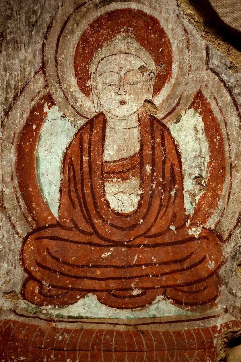 Buddha. Maleri, mønster af hulen af tusinde Buddhaer i Tourfan (Kina), Cave 4 Yarkhoto, 9. århundrede. Koreas Nationalmuseum, Seoul (Sydkorea). af Chinese School