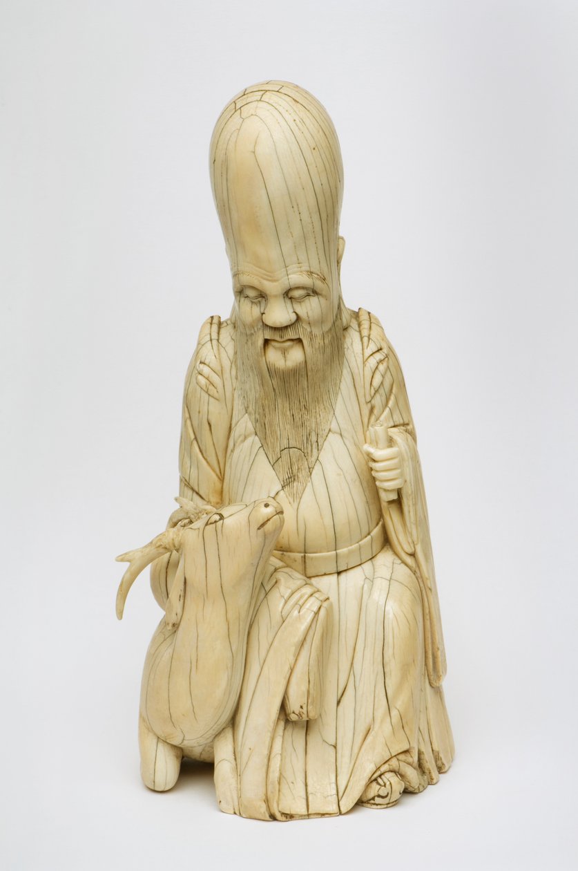 Udskåret elfenbensfigur af Shou Xing siddende med hjorte, ca. 1580-1644 af Chinese School