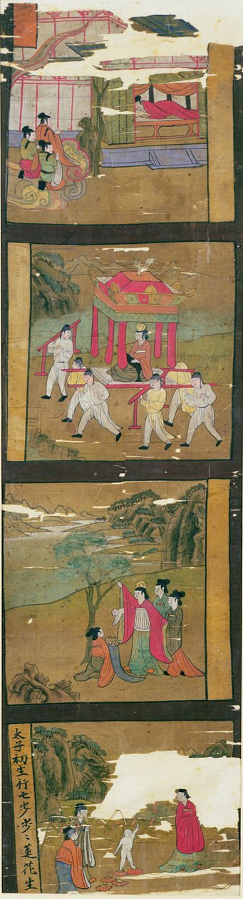 Ch.Lv.0010 Scener fra Buddhas Life, Tunhuang, 7.-8. århundrede, (maleri på silkebanner) af Chinese School