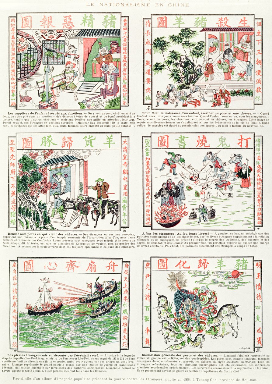 Kinesisk nationalistisk og antieuropæisk billedsprog, fra et faksimilealbum med populære billeder, der prædiker krig mod udlændinge, 1891 af Chinese School