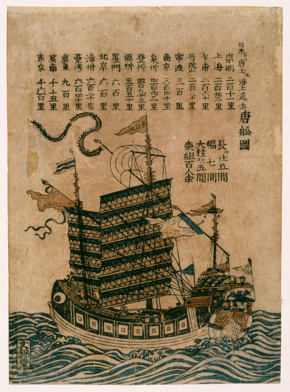 Kinesisk skib (Tosen Zu) med oversigt over søruten fra Kina til Japan, ca. 1850 (farvet træbloktryk) af Chinese School