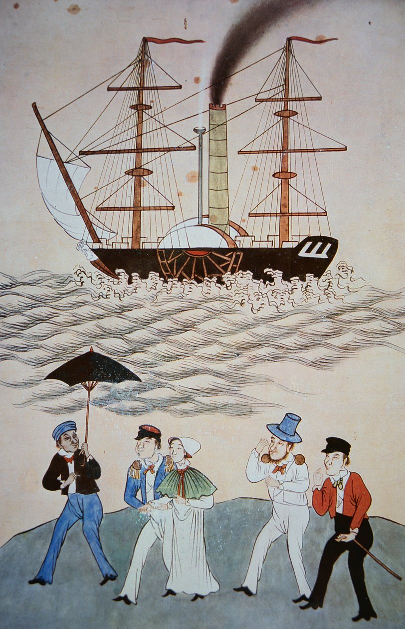 Kinesisk maleri af det første britiske dampskib og passagerer, der gik i land i Kanton omkring 1840 (se også 268028) af Chinese School