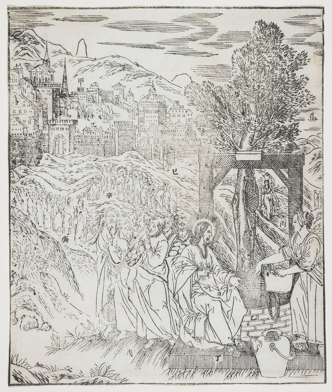 Kristus ved brønden, tallerken fra Giulio Alenis Tianzhu jiangsheng zhuxiang jingjie (En illustreret historie om Himlens Herre, der blev inkarneret i kødet), Jinjiang Kirke, Fujian-provinsen, Chi af Chinese School