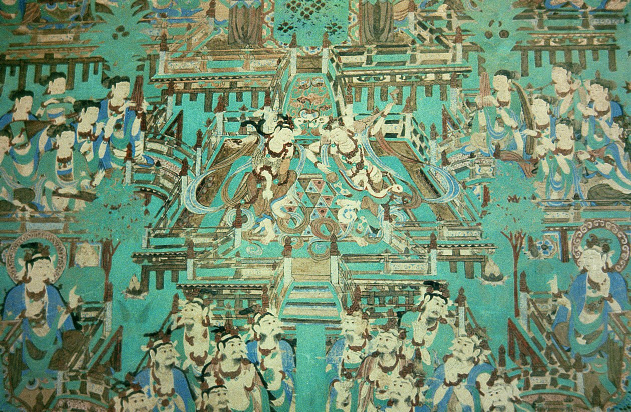 Dancing Ladies, Tang-dynastiet, 618-907 (vægmaleri) af Chinese School