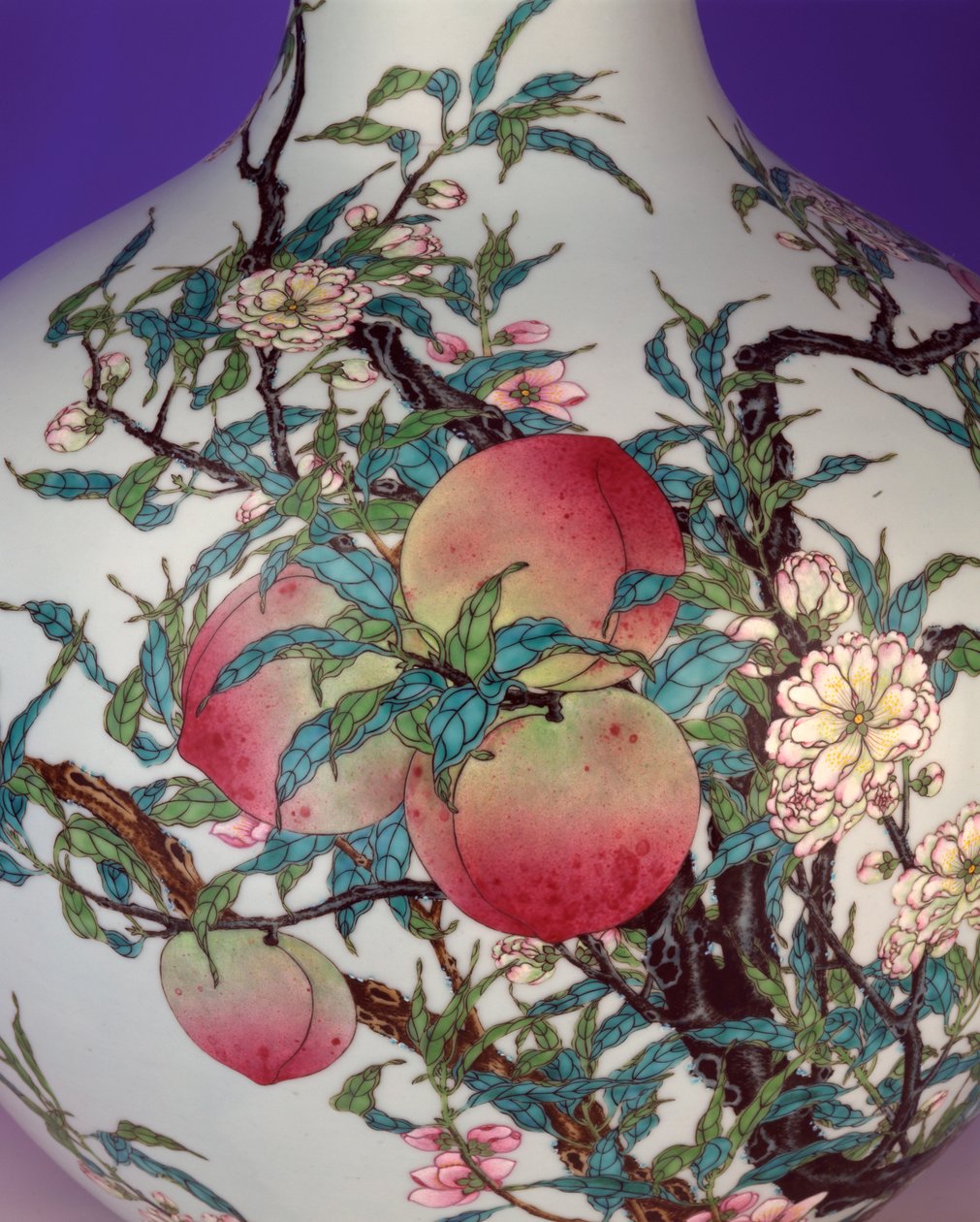 Detail from a magnificent famille rose nine-peach globular bottle vase, 1735-1795dani af Chinese School