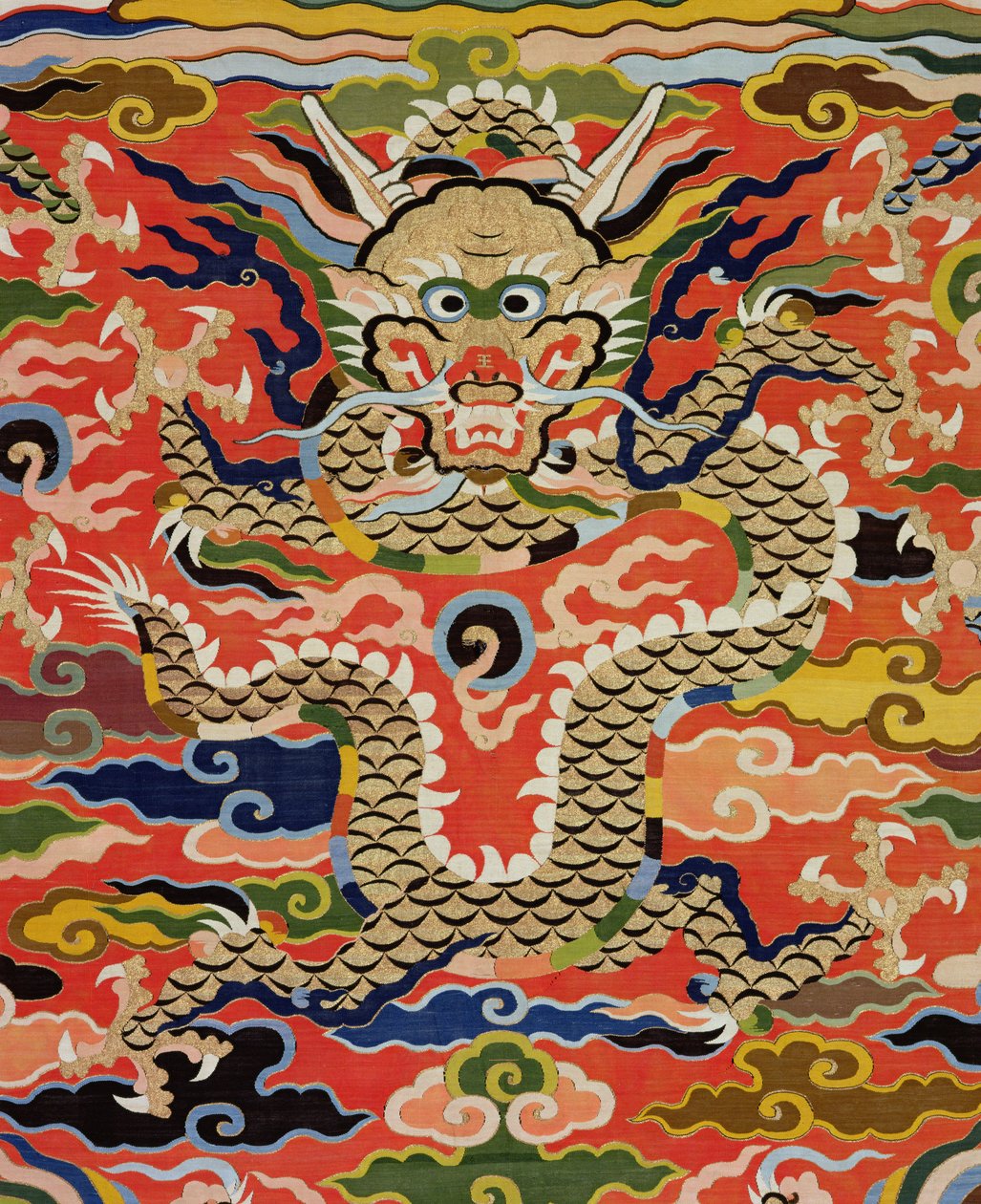 Detalje fra stof, der forestiller en fem-drage Kossu, Wanli periode, 1573-1619 (silke) (se 206710) af Chinese School