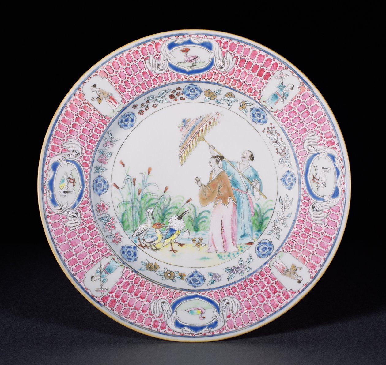 Middagstallerken malet i Famille Rose forestillende La Dame au Parasol, efter et design af Cornelis Pronk (1691-1759) Qianlong periode (1736-95) c.1734 (porcelæn) af Chinese School