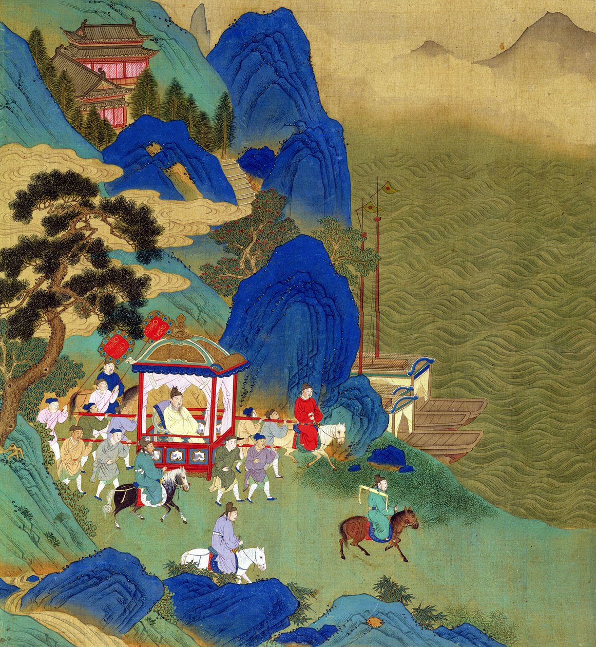 Kejser Chin Wang Ti (221-206 f.Kr.) rejser i en palanquin fra en historie med kinesiske kejsere (farve på silke) af Chinese School