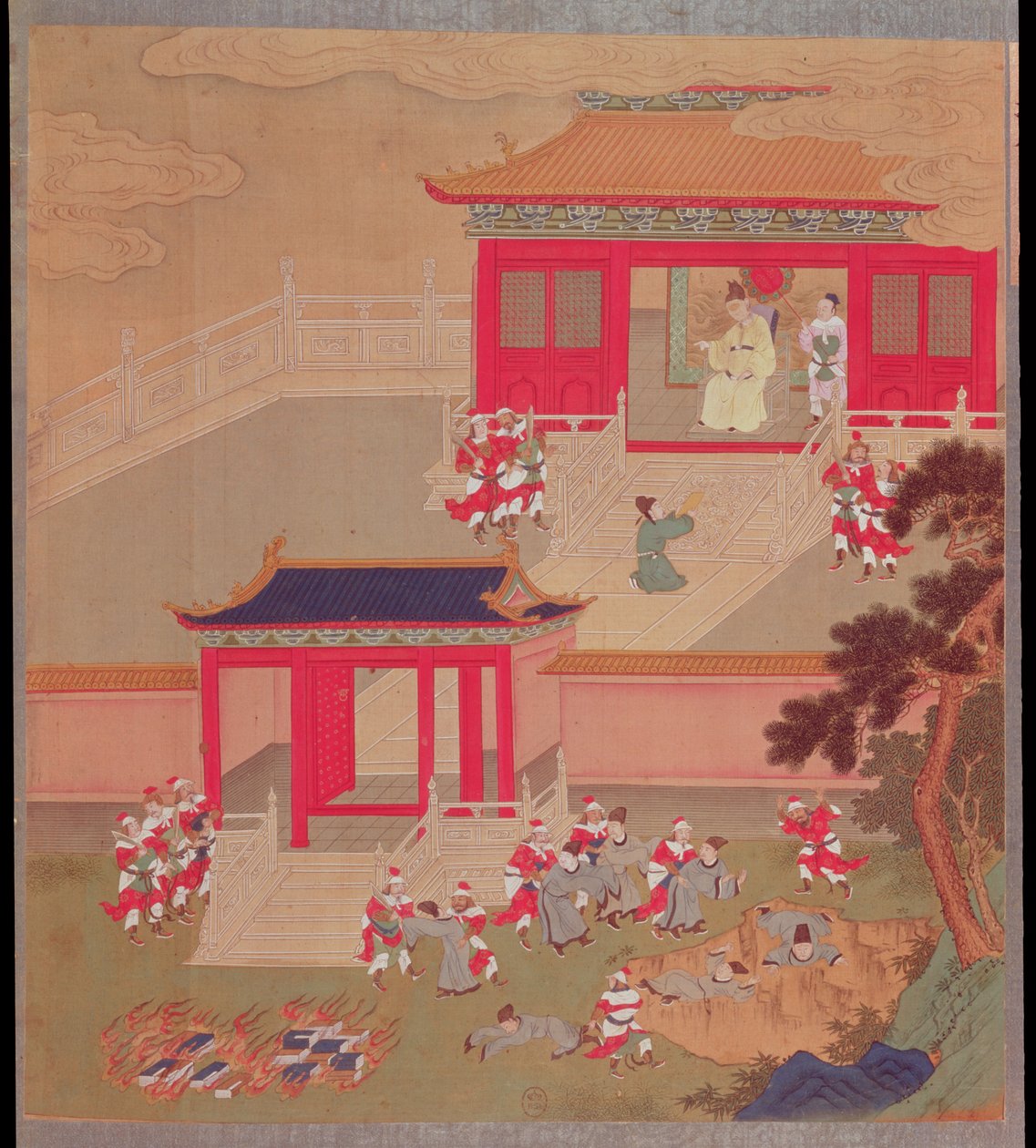 Kejser Chin Wang Ti (r.221-210 f.Kr.) brænder alle kinesiske bøger og kaster akademikerne i en dyb kløft fra en historie med kinesiske kejsere i 213 f.Kr. (farve på silke) af Chinese School