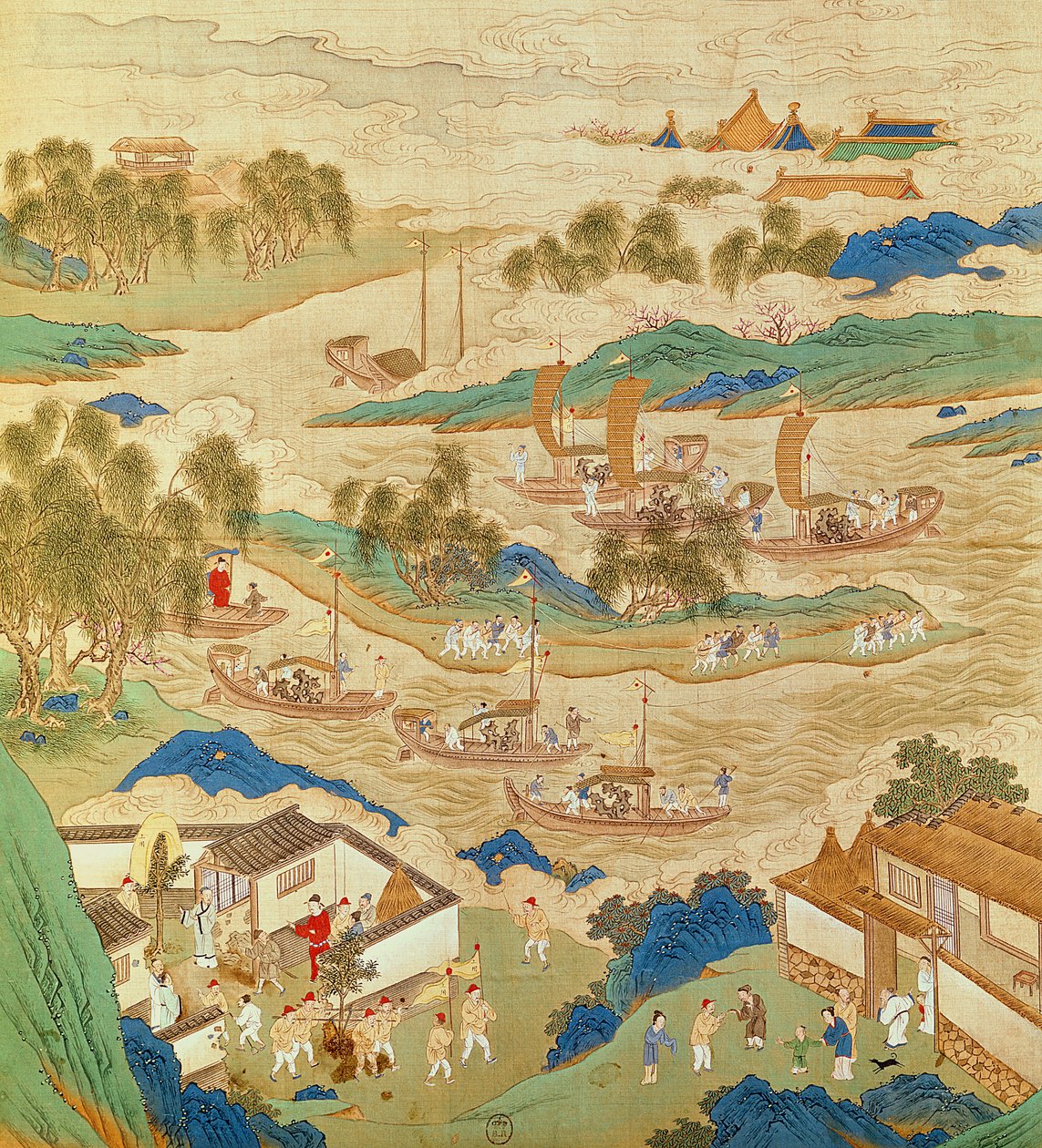 Kejser Hui Tsung (1100-26) transporterer gennemborede sten og mærkeligt formede træer, fra History of the Emperors of China (farve på silke) af Chinese School
