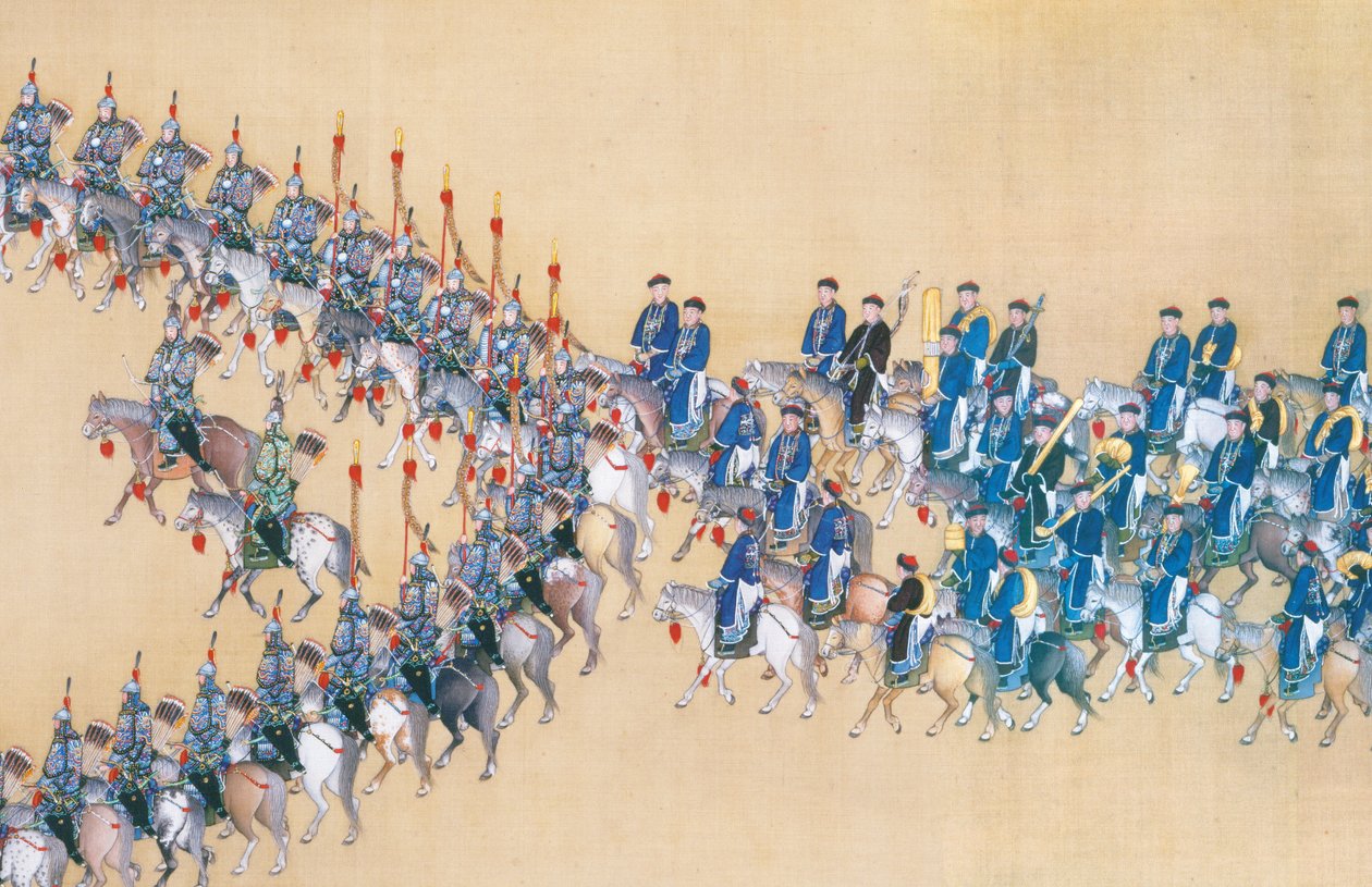 Kejser Qianlongs gennemgang af den store parade af tropper, håndscroll af Chinese School